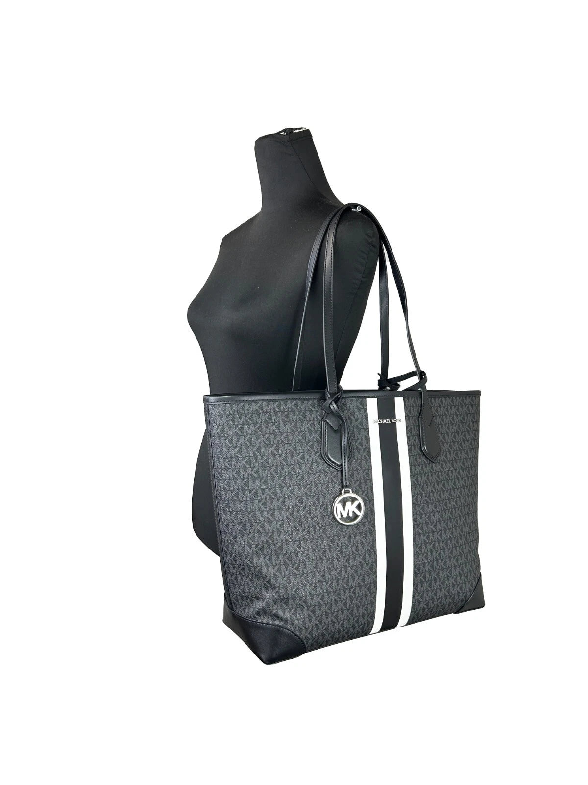 Michael Kors Eva Large Stripe Travel Tote Bag Plus Pouch Schwarz